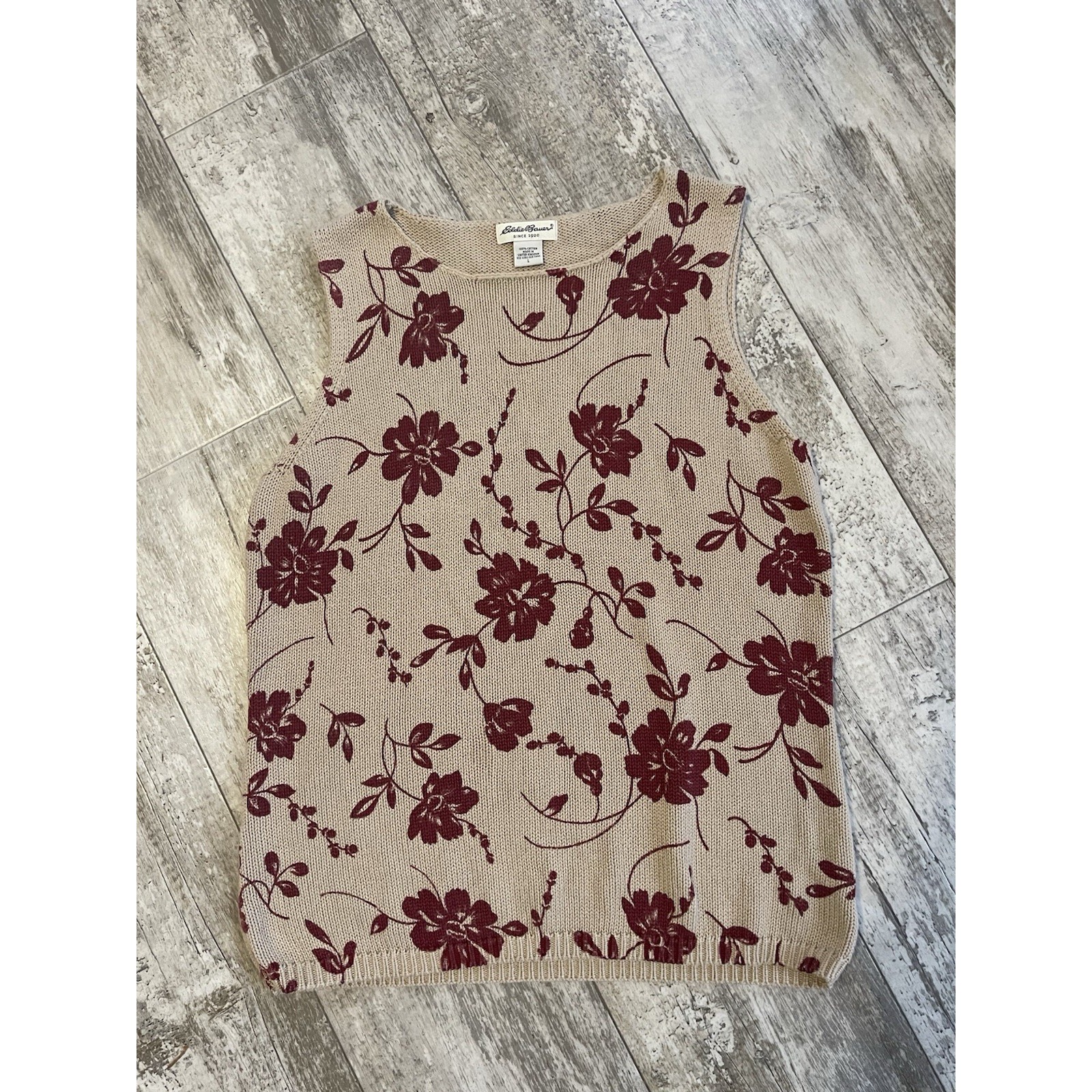 Eddie Bauer Vintage Floral Knit Vest 100% Cotton Size L